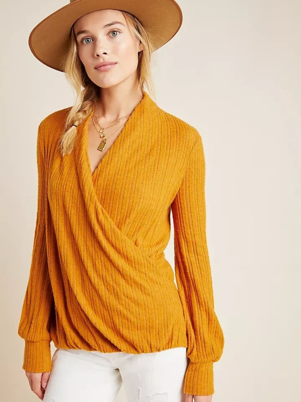 Anthropologie Maeve Rafela Hacci Surplice Ribbed Wrap Top Gold XL